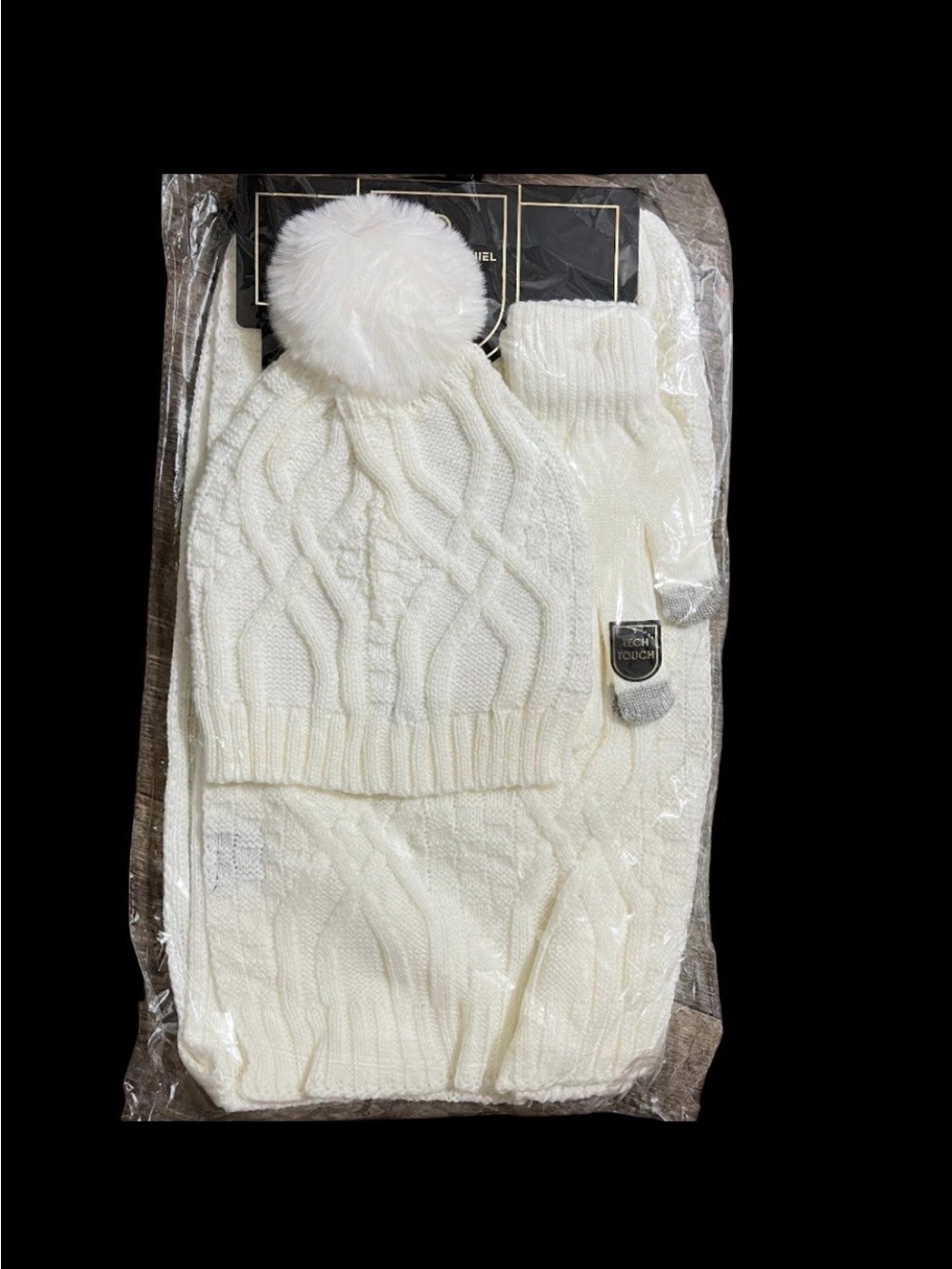 NWT Charlotte Daniel Ivory Winter 3-piece set; scarf, Pom Pom Beanie & gloves